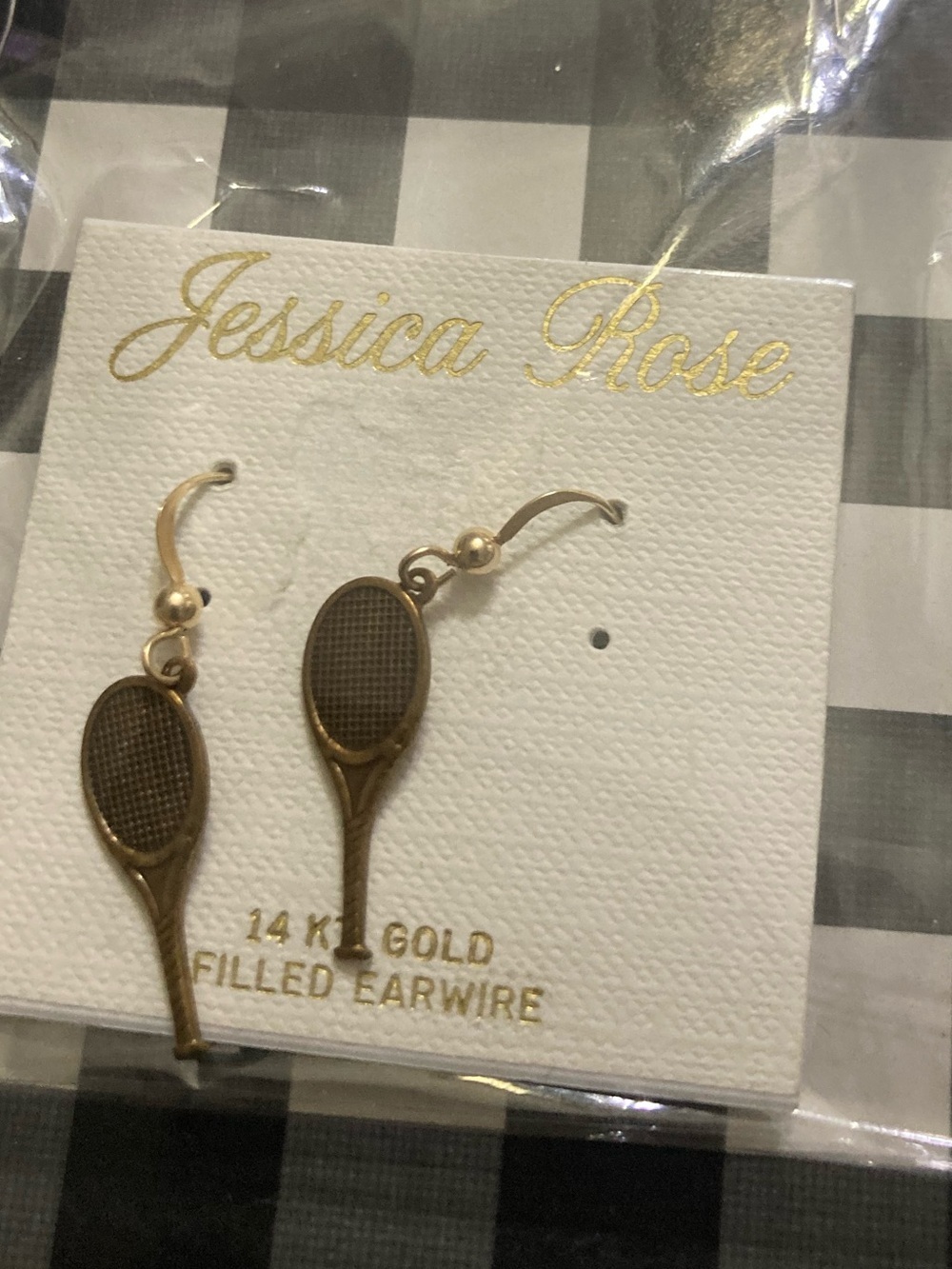 Jessica Rose Gold Tennis Racket Drop Earrings. New in package.14 k gold.